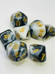 TEG - 7 Black & White w/ Gold Marbled Mini Polyhedral Dice New Polyhedral Dice S