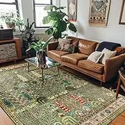 Rugs for Living Room 180 x 200 cm,Large Washable Soft Short Pile,Non Slip Carpet for Bedroom,Dining Room,Kitchen,Office Retro Ethnic Green