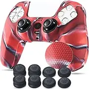 Grip Texture Silicone Cover Skin Case for Sony PS5 Dualsense Controller x 1(Camou Red) with Pro Thumb Grips x 8