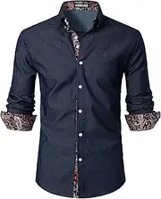 [PARKLEES] Mens Hipster Paisley Patchwork Design Slim Fit Long Sleeve Button Up Dress Shirts