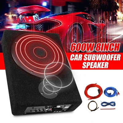 8" 600W Car Subwoofer Under-Seat Amplifier Speaker Audio Sub Woofer Slim Box US,