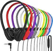 Maeline Bulk Headphones with Microphone, 10 Pack Multicolor Wired On-Ear Headsets – 3.5mm Jack, Leatherette Cushions, Adjustable Headband – for Classrooms, Libraries, Remote Learning, Office