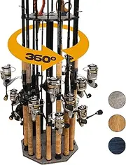 Rush Creek Creations 16-Rod Spinning Fishing Pole Rack - Premium Rod Holder for Garage, Basement, or Shed - Top Plate Inserts for Nets, Tackle, and Accessories - Gear Storage