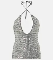 [The Attico] The Attico Alix sequined tulle halter neck top AU 4 silver