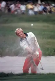 Jack Nicklaus in action from sand during Sunday play at Oakm - 1973 Old Photo
