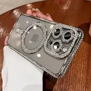 LXK Magnetic Glitter Case for iPhone 15 Pro Max [Compatible with MagSafe] Military-Grade Protection, Cute Glitter Phone Case with Sparkle Diamond Camera Protection Cover for Women Girl (Silver)