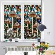 Window Privacy Film Stained Glass Window Film, Red Green Mushrooms Privacy Film for Glass Windows Opaque Window Film Stained Glass Window Film(3Pcs (45x100 cm))