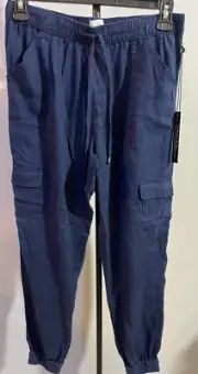 Nicole Miller Women Linen Blue Jeggings Pants Large Elastic Waist New NWT