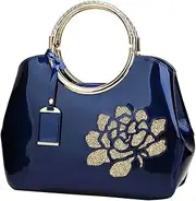 [ZiMing] Shiny Patent Leather Handbags Womens Tote Bag Floral Embroid Top Handle Evening Purse Satchel Crossbody Shoulder Bags
