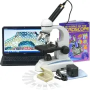 AmScope 40X-1000X Student Microscope w Glass Lens & Metal Frame + Camera, Slides