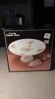 Vintage Bone China Classic Rose Cake Pedestal Stand with server New