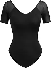 [IMEKIS] Women's Ballet Suit, Short Sleeve, V-Neck Ballet Leotard, Backless, Gymnastics, Dance Body Top with Removable Bra Padding, Plain Leotard, Dance Wear, black, Small