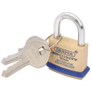 Draper 30mm Solid Brass Padlock 2 Key Mushroom Pin Tumblers Hardened Steel 64160