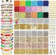Clay Beads Kit, Clay Beads for Bracelet Making, Friendship Bracelet Kit, Flat Preppy Beads for Friendship Jewelry Making, Polymer Heishi Beads with Charms Gifts for Teen Girls Crafts for Girls, Girls Gift
