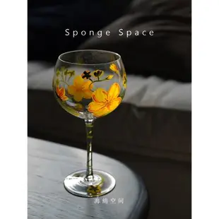 Sponge Space中古花朵紅酒杯高腳杯葡萄酒杯手繪ins禮物水晶玻璃