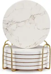 6 Pcs White Coaster Set with Holder ,Best Absorbent Coasters Drink Stone, Ceramic Wine Coasters Table Cup Coasters