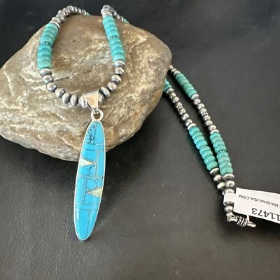 Blue Turquoise Opal Inlay Pendant Navajo Pearls Sterling Silver Necklace 11473