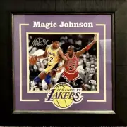 MAGIC JOHNSON Signed Photo 8x10 Michael Jordan Lakers vBulls Framed Beckett COA
