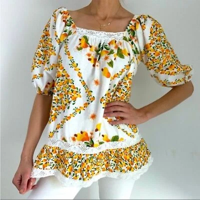 Nicole Miller bright Cashew print top- mini dress, size M cottage look, linen