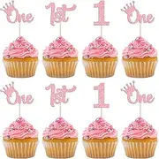 24Pcs One Cupcake Toppers Glitter 1st Birthday Cupcake Pick Decorations for Baby Shower First Birthday Party Cake Decorations Supplies Pink