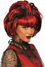 Widow Spider Wig Black Red Vampire Fancy Dress Up Halloween Costume Accessory