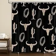 Western Cow Print Shower Curtain for Bathroom, Skulls Cactus Black Shower Curtain Sets, Aztec Southwest Polyester Fabric Bath Curtain 72'' x 72'' with Hooks