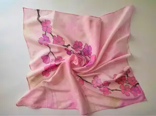 Square cherry blossom scarf Cotton and silk scarf pink Hand painted scarf