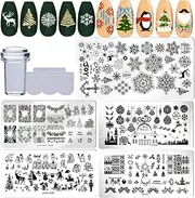 LuckForever Christmas Nail Stamping Kit Snowflake Snowman Elk XMAS Nails Stamps Template Stencil with Clear Silicone Stamper Scraper