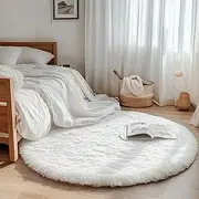 Round Rugs for Bedrooms Fluffy Living Room Circle Area Rug Soft Shaggy Carpet for Kids Room Floor Mat (White, 120cm)