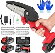 Bifrost Mini Chainsaw with Battery 4 Inches, Battery Chainsaw, Electric Single Hand Chainsaw, Electric Battery, Hand Chainsaw with 2 2.0 Ah Batteries and 4 Replacement Chains, Red