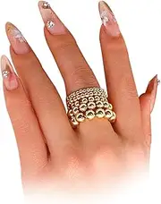 [GIGB PBDK] 5Pcs Balls Beaded Stretchable Rings Set for Women, Thick Stackable Silver Beads Knuckle Rings Vintage Hip Hop 70s 80s Jewelry Accessories Gifts