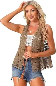 [Allegra K] Women's Sleeveless Open Front Cardigan Vest Hollow Out Crochet Shrug