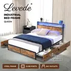 Levede Queen Bed Frame Industrial RGB LED Drawers Storage Headboard USB Charge