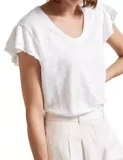 SABA White Ruffle Flutter Sleeve Linen T-shirt Top, Size S, Suit 12-14, RRP $99
