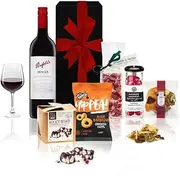 Wine Party Gift Box Hamper - Delicious Penfolds Bin 28 Shiraz with Savory Chickpea Puffs, Hedge Nougat & Raspberry Drops - Includes Whisk & Pin Rocky Road & Fruit Salad - Ideal Gift Hamper for Any Occasions