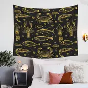 Golden Seafood Fish Crab and Squid Tapestry
