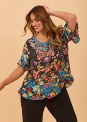 [TS] Taking Shape Salsa Ruffle Natural Top Size 16 in Black Print, Viscose - Plus Size Women's Tops & T Shirts Black Print