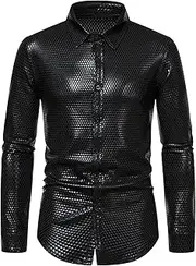 [Maiyifu-GJ] Men's Disco Shiny Dress Shirt Long Sleeve Button Down Nightclub Party Shirts Luxury Printed Slim Fit Prom Shirt