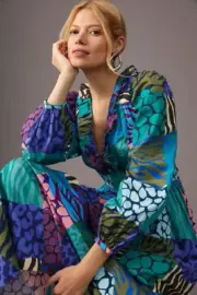 Anthropologie Geisha Designs Patchwork Maxi Dress M Animal Print Long Sleeve NWT