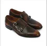 Men Handmade Shaded Brown Leather Double Monk Shoes, Business Shoes