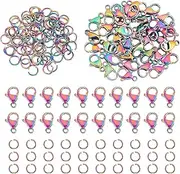 PH PandaHall 120pcs Lobster Claw Clasps with Open Jump Rings Kit, 40pcs 13x8mm Rainbow Color Jewelry Fastener Hook 304 Stainless Steel 80pcs 6mm Etched O Rings 20 Guage for Earring Bracelet Necklace