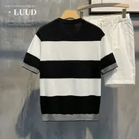 在飛比找樂天市場購物網優惠-LUUD 撞色大條紋圓領短袖男士韓國氣質針織T恤夏季透氣潮流