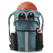 Blue Multi Pocket Drawstring Backpack Gym Bag With Zipper Compartments Bottle Holders & Reflective Strip Gym Bags
