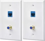 IsMwav 2 Packs Ethernet Coax Wall Plate Outlet with 1 Cat6 Port and 1 Gold-Plated Coax F Type Port RJ45 Wall Plates