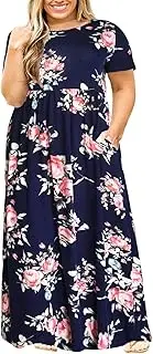 [Nemidor] Women Short Sleeve Loose Plain Casual Plus Size Long Maxi Dress with Pockets (28, 143+Navyprint)