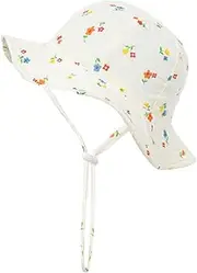 [Utaly] Baby Toddler Bucket Hat UPF 50+ Sun Hat for Infant Boys Girls Kids Breathable Beach Hat with Chin Strap （Fit 0-12 Months）, Blue Red Flower