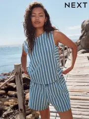 Blue/White Towelling Striped 100% Cotton Shorts (AU4049) | $22