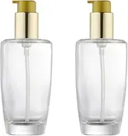 2Pcs 100ml/3.3oz Empty Clear Glass Lotion Pump Bottle with Gold Lockable Press Pump Refillable Portable Essential Oil Pump Dispensers Jars Sample Vials Cosmetic Containers for Toner Makeup