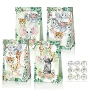 12pcs Wild One Jungle Animals Theme Paper Lolly Loot Bags with Stickers - Baby Shower Kids Birthday Party Gift Bags