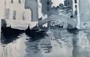 Original watercolor monochromatic black and white Sargent landscape Venice 12x8
